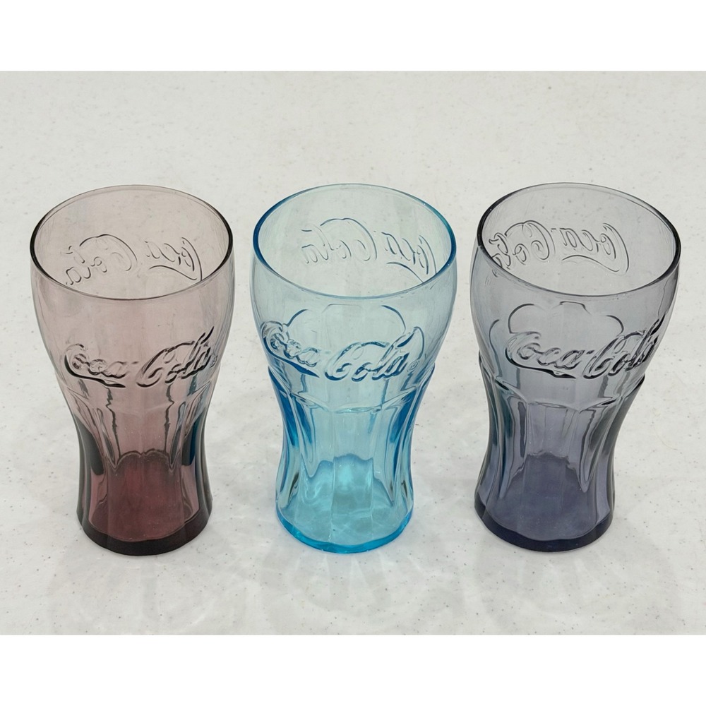 Vintage Coca Cola Purple Amethyst Blue Clear Tinted Drinking Glasses Set of 3